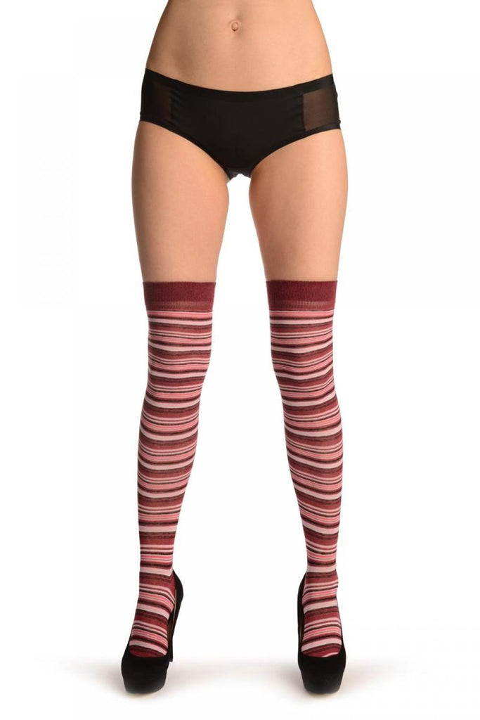 Liss Kiss Pink With Bordeaux & Black Thing Stripes - Over The Knee Socks