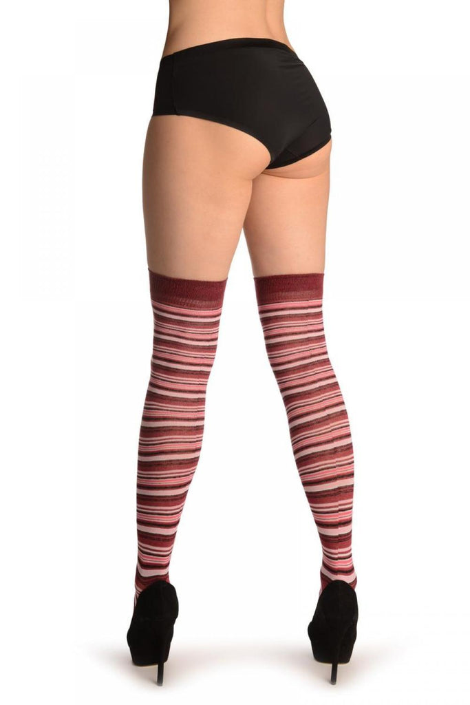 Liss Kiss Pink With Bordeaux & Black Thing Stripes - Over The Knee Socks