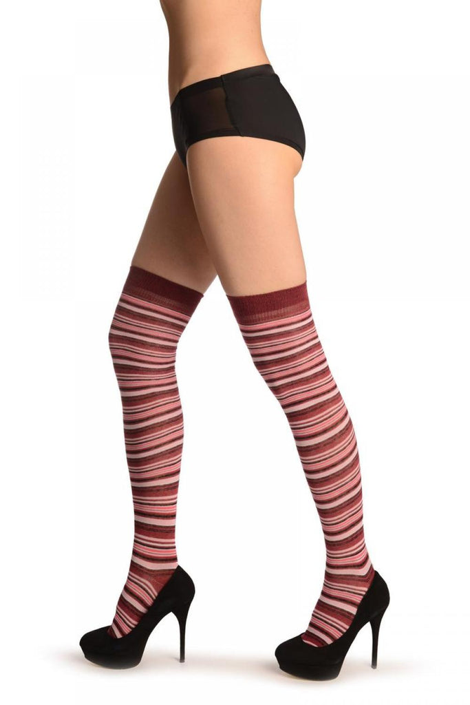 Liss Kiss Pink With Bordeaux & Black Thing Stripes - Over The Knee Socks