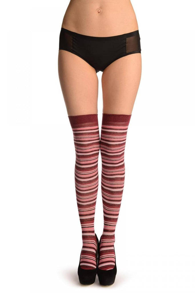 liss kiss Pink With Bordeaux & Black Thing Stripes - Over The Knee Socks