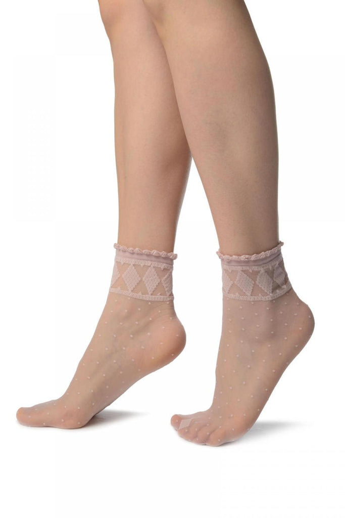 Liss Kiss Pink With Little Dots And Diamonds Silky Comfort Top Ankle High Socks - Socks