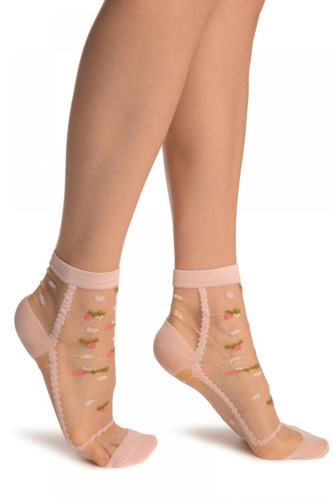 Liss Kiss Pink With Little Woven Flowers On Invisible Mesh Ankle High Socks - Socks