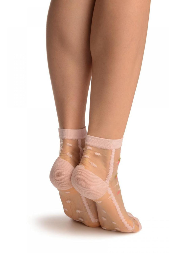 Liss Kiss Pink With Little Woven Flowers On Invisible Mesh Ankle High Socks - Socks