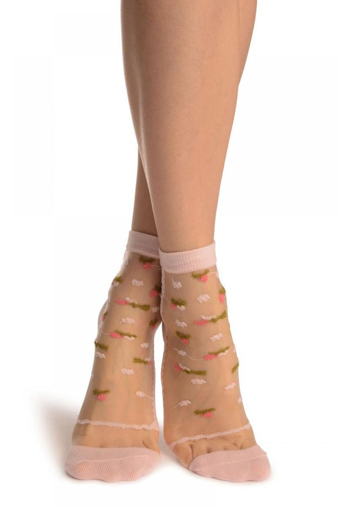 liss kiss Pink With Little Woven Flowers On Invisible Mesh Ankle High Socks - Socks