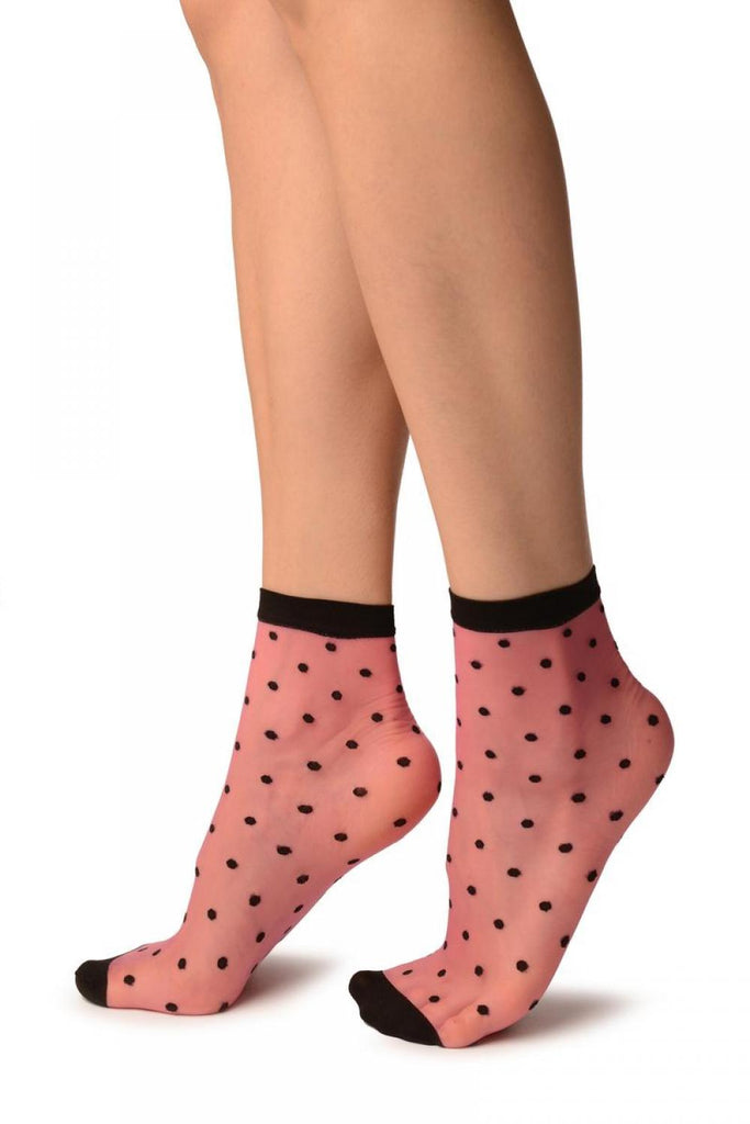 Liss Kiss Pink With Medium Black Polka Dots Ankle High Socks - Socks