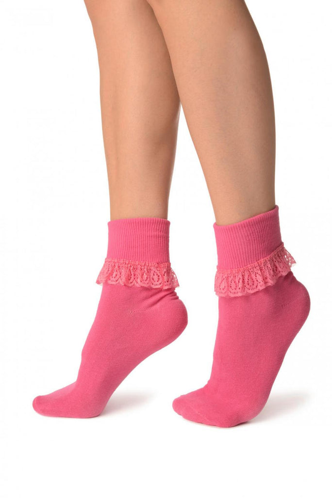Liss Kiss Pink With Pink Lace Trim Ankle High Socks - Socks