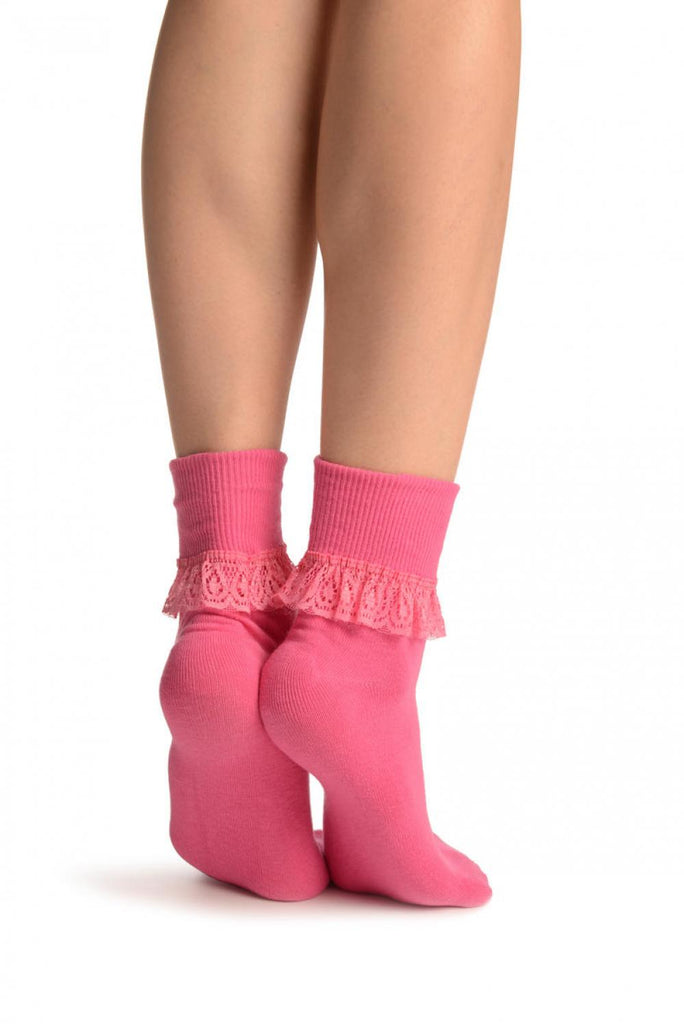 Liss Kiss Pink With Pink Lace Trim Ankle High Socks - Socks