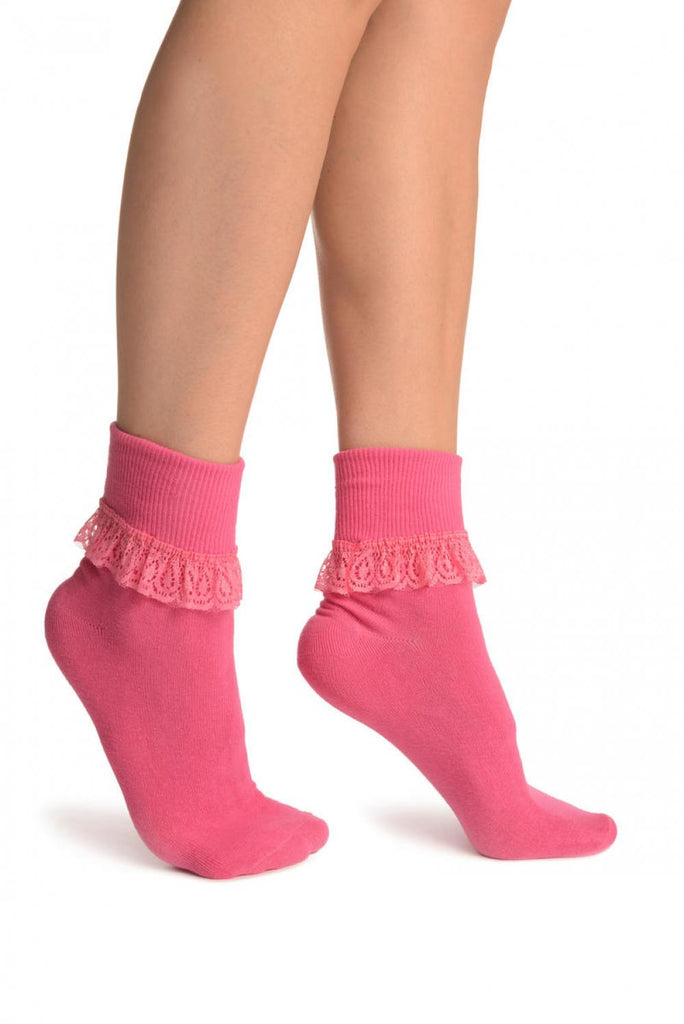 liss kiss Pink With Pink Lace Trim Ankle High Socks - Socks