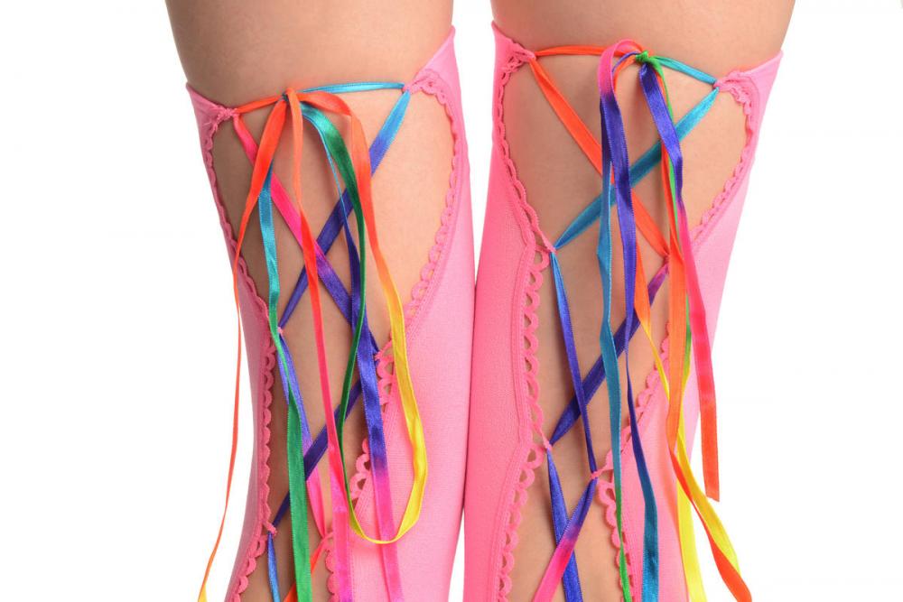 Liss Kiss Pink With Rainbow Ribbon Corset 40 Den - Hold Ups