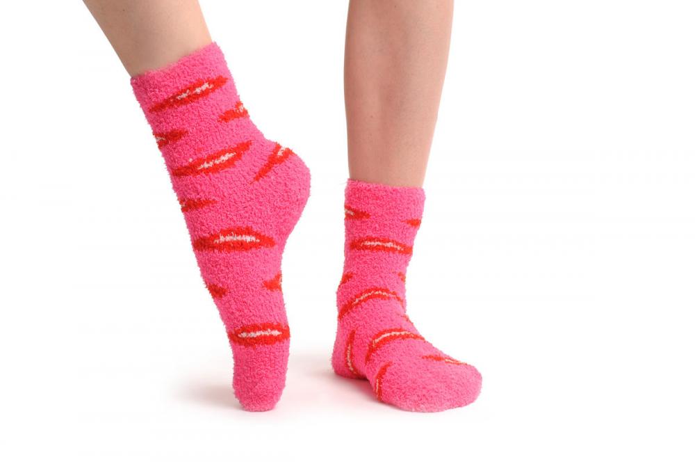 Liss Kiss Pink With Red Lips Luxury Soft Feather Touch Bed Lounge Socks - Socks