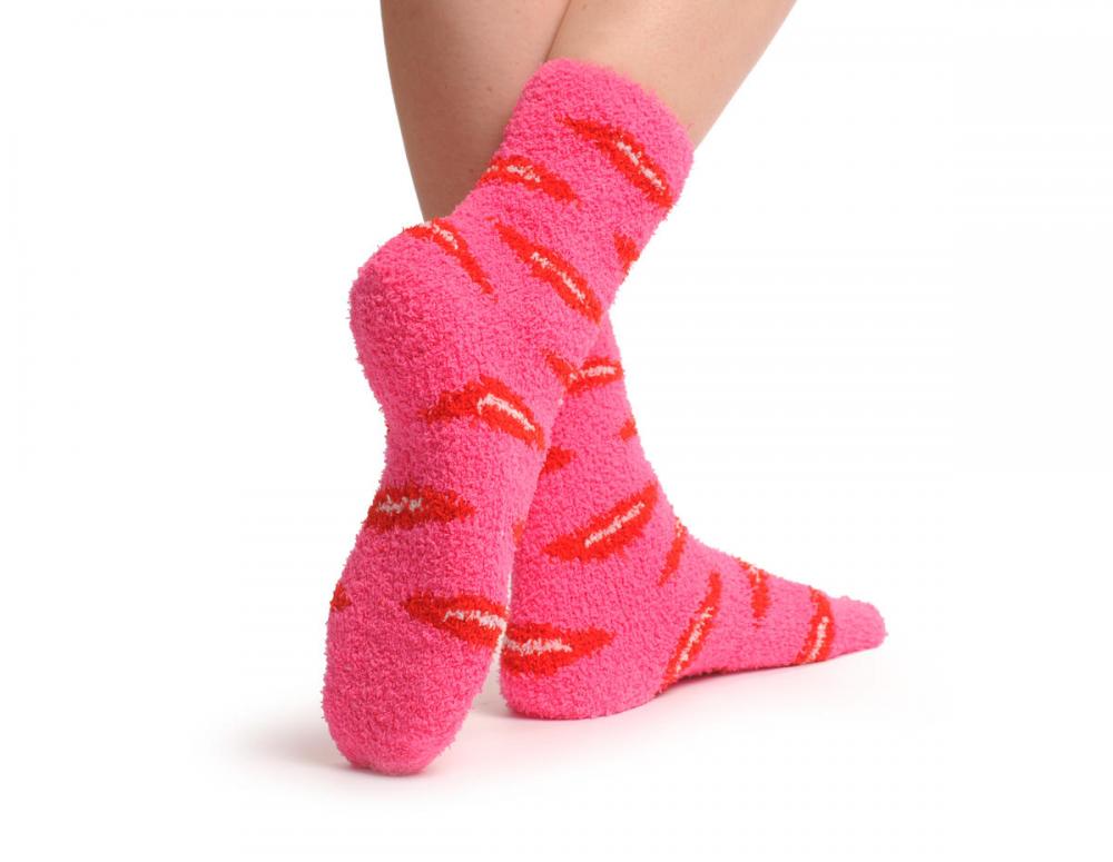 Liss Kiss Pink With Red Lips Luxury Soft Feather Touch Bed Lounge Socks - Socks