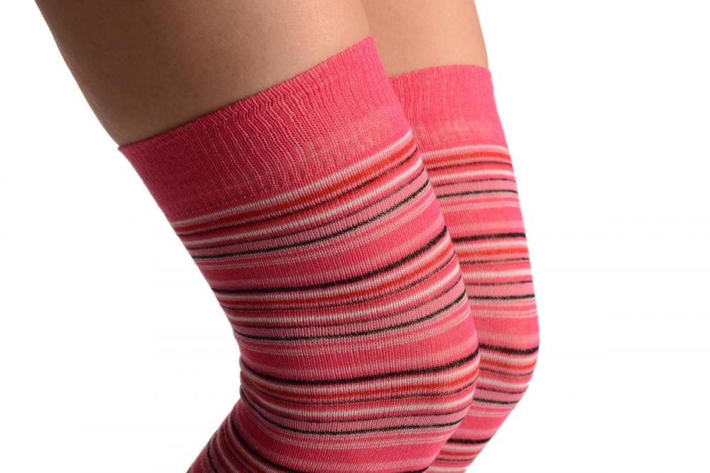 Liss Kiss Pink With White & Black Thing Stripes - Over The Knee Socks