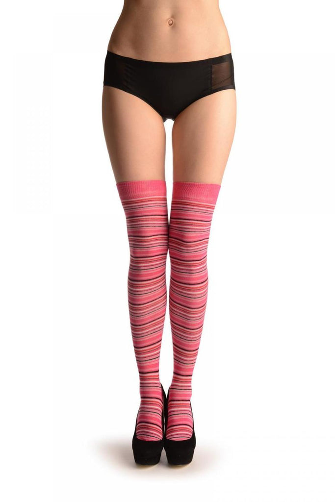 Liss Kiss Pink With White & Black Thing Stripes - Over The Knee Socks