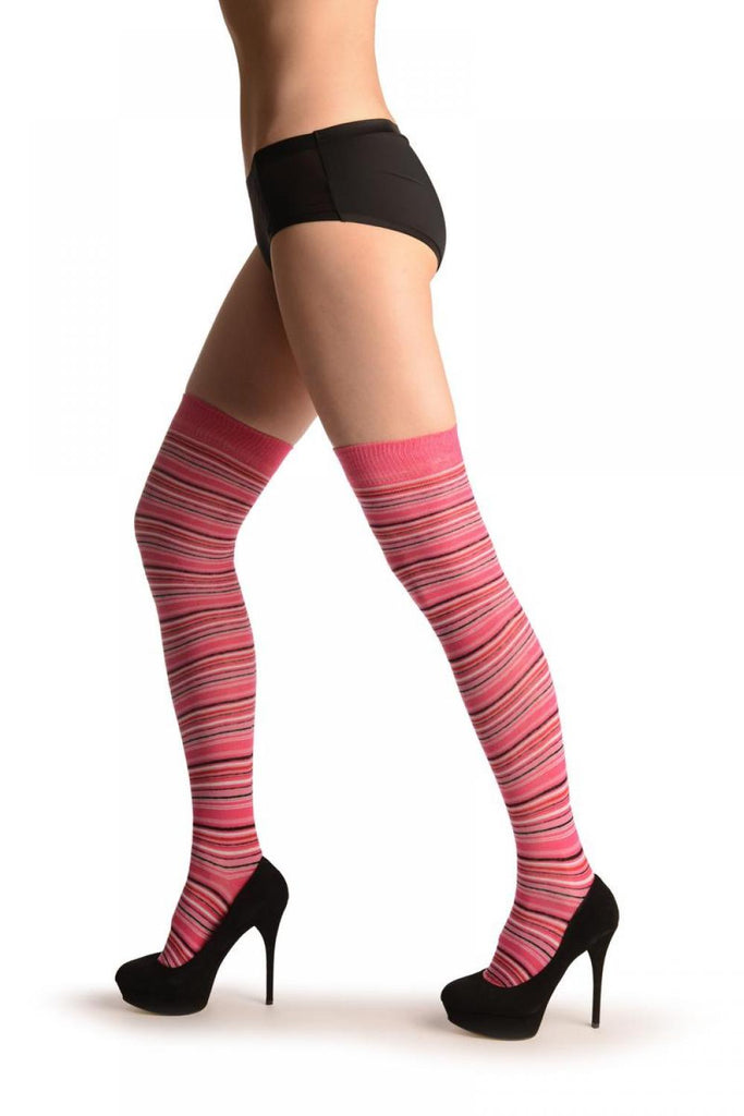 Liss Kiss Pink With White & Black Thing Stripes - Over The Knee Socks
