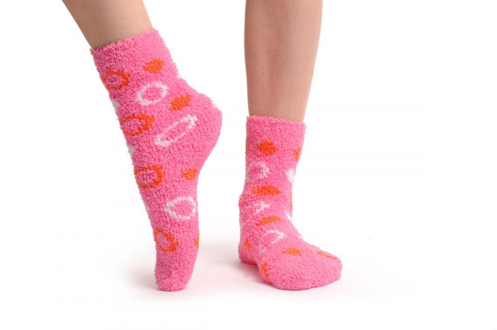 Liss Kiss Pink With White & Red Circles Luxury Soft Feather Touch Bed Lounge Socks - Socks