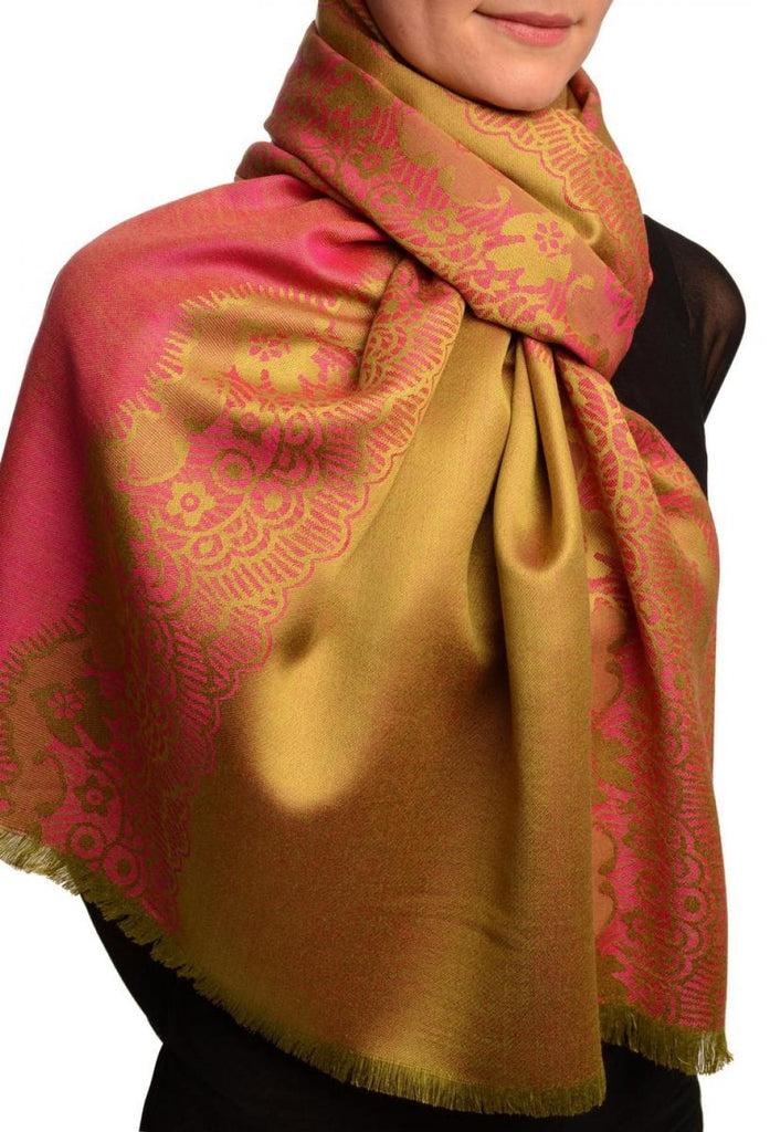 Liss Kiss Pink Woven Lace On Olive Green Pashmina Feel - Scarf