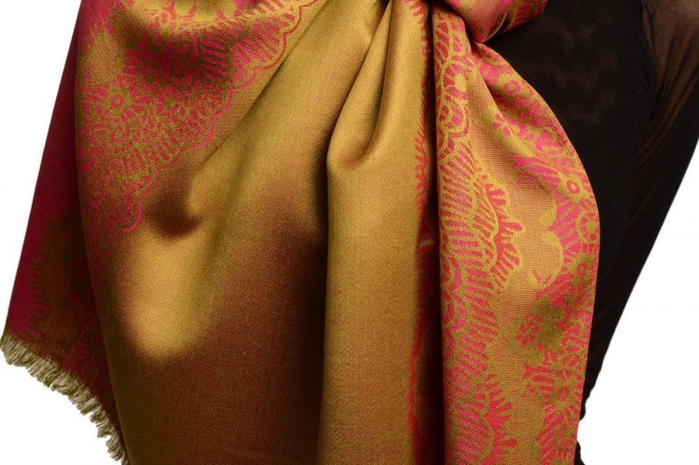 Liss Kiss Pink Woven Lace On Olive Green Pashmina Feel - Scarf