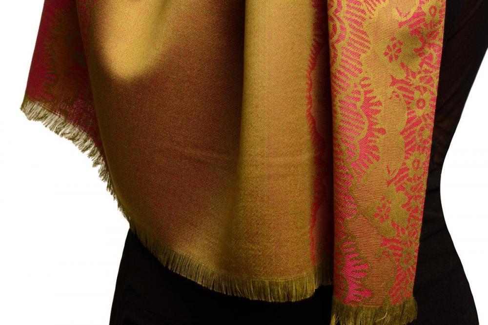 Liss Kiss Pink Woven Lace On Olive Green Pashmina Feel - Scarf