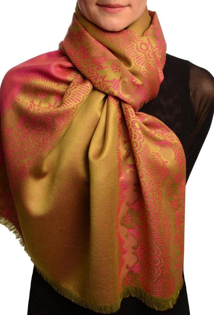 liss kiss Pink Woven Lace On Olive Green Pashmina Feel - Scarf