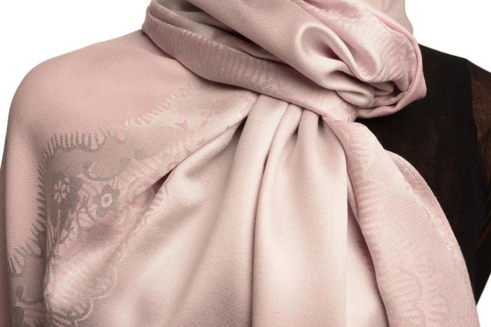 Liss Kiss Pink Woven Lace On Silver Grey Pashmina Feel - Scarf