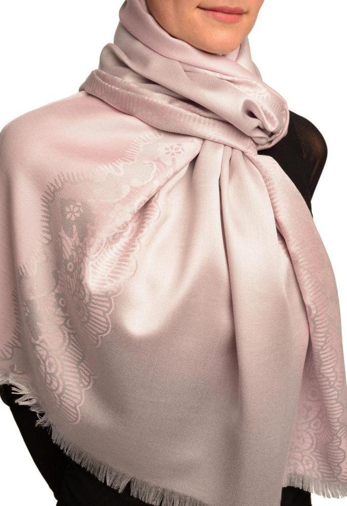 Liss Kiss Pink Woven Lace On Silver Grey Pashmina Feel - Scarf
