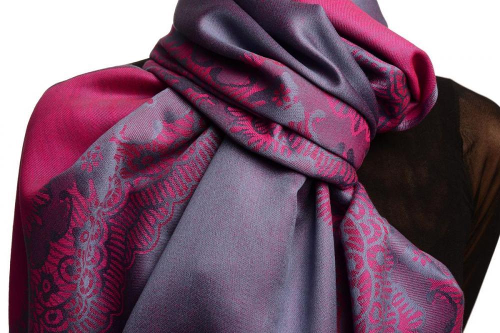Liss Kiss Pink Woven Lace On Slate Grey Pashmina Feel - Scarf