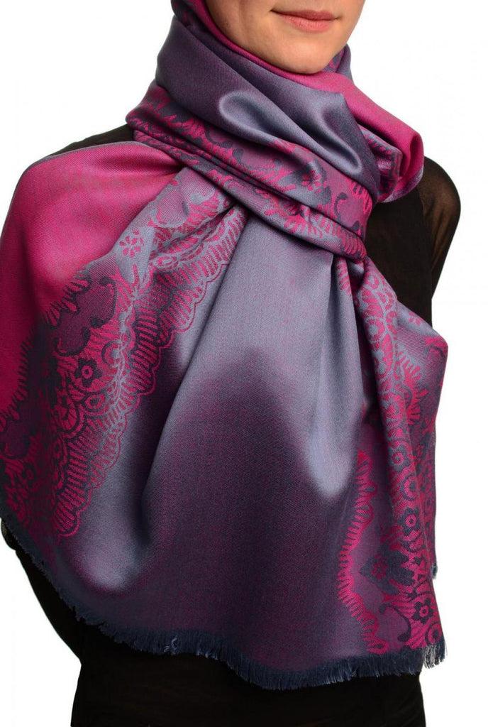 Liss Kiss Pink Woven Lace On Slate Grey Pashmina Feel - Scarf