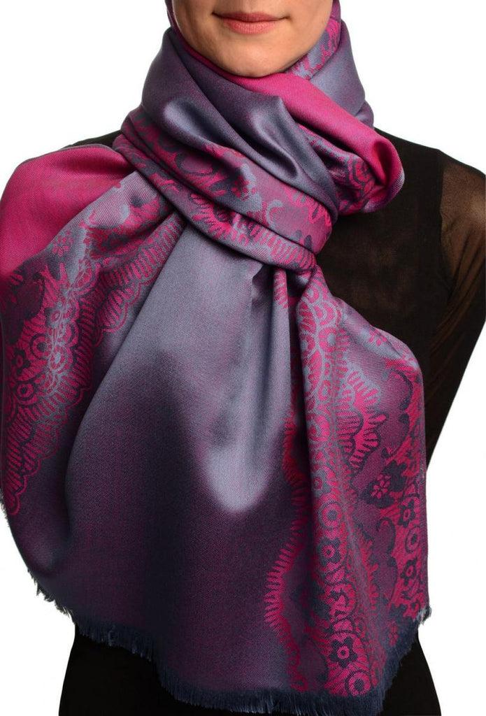 liss kiss Pink Woven Lace On Slate Grey Pashmina Feel - Scarf