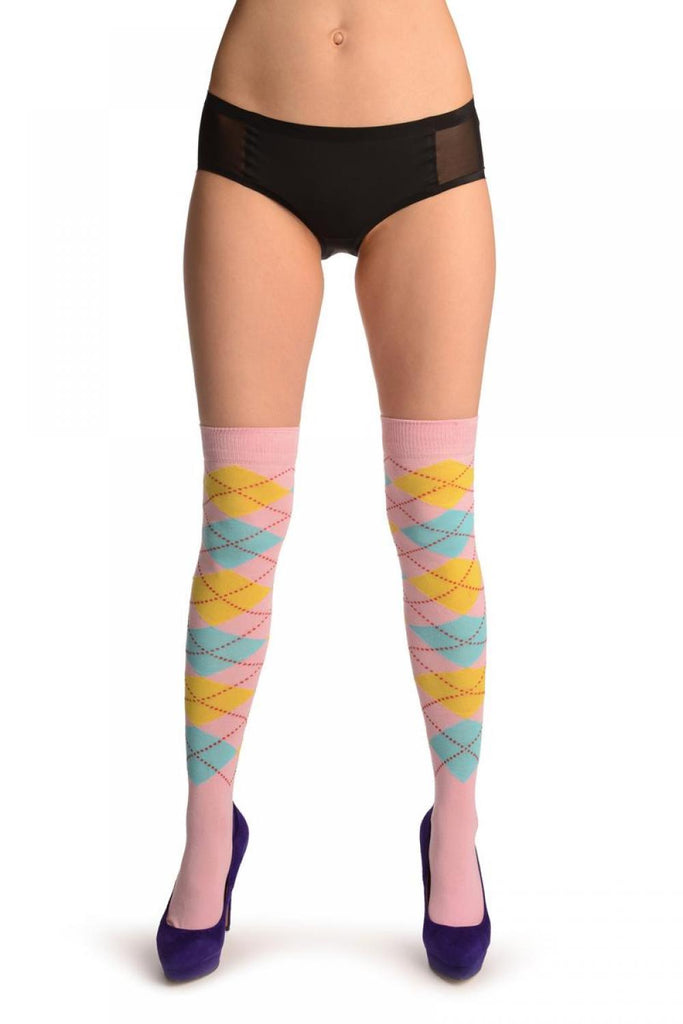 Liss Kiss Pink Yellow & Blue Argyle - Over The Knee Socks