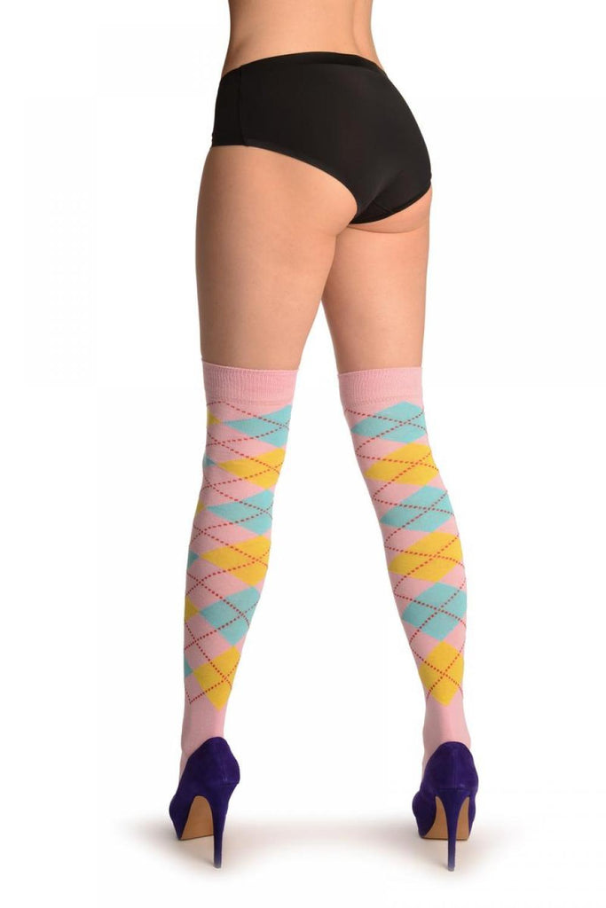 Liss Kiss Pink Yellow & Blue Argyle - Over The Knee Socks