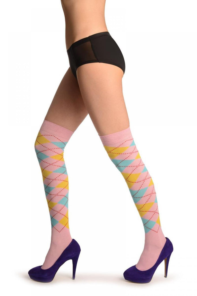 Liss Kiss Pink Yellow & Blue Argyle - Over The Knee Socks