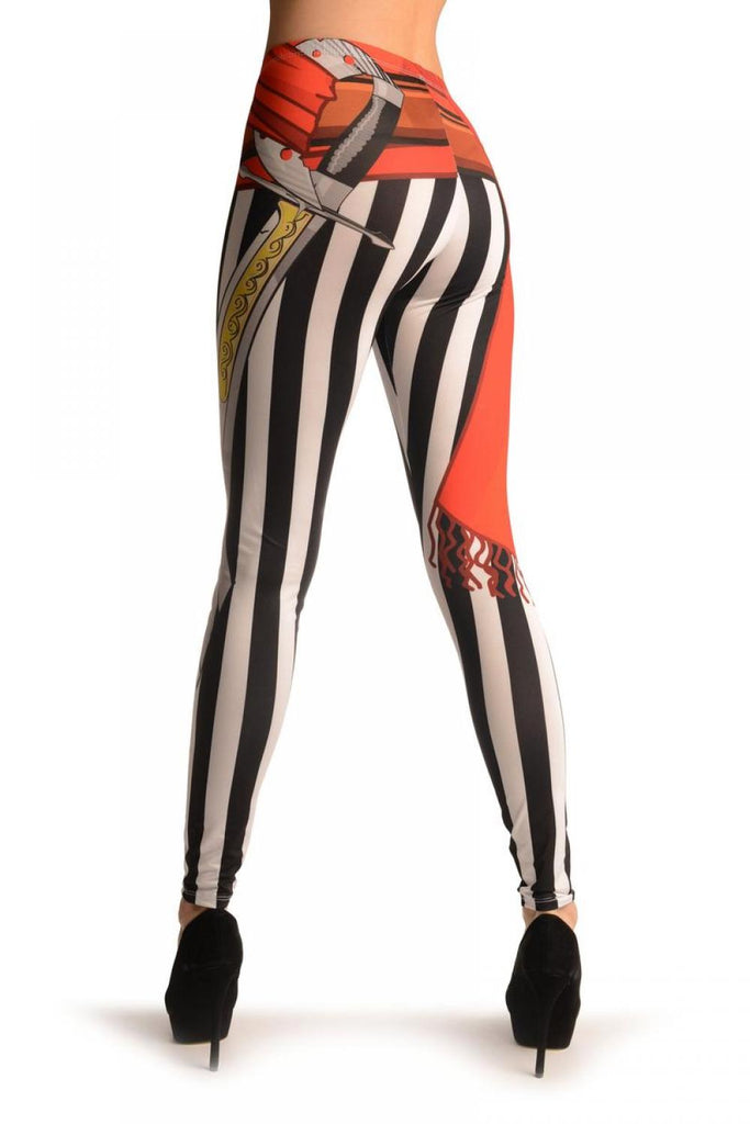 Liss Kiss Pirate Sword Print With Black & White Stripes - Leggings