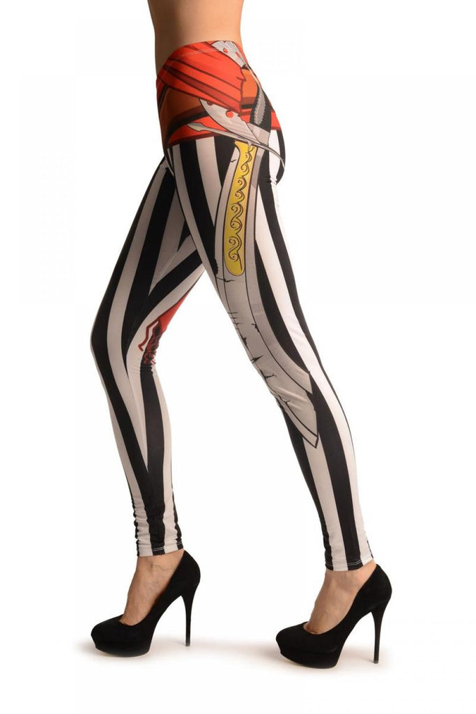 Liss Kiss Pirate Sword Print With Black & White Stripes - Leggings