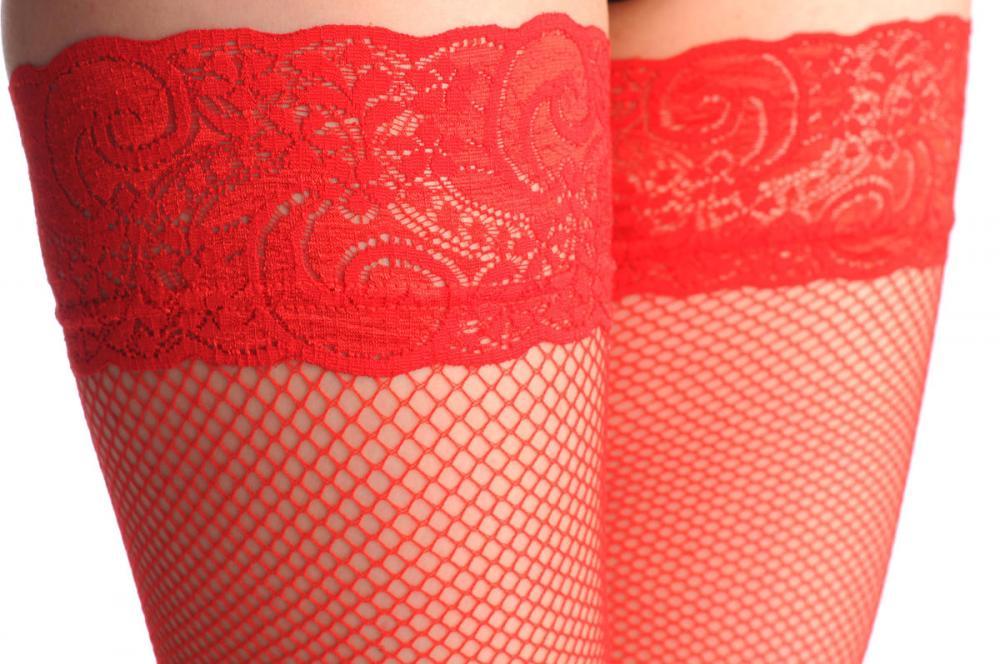 Liss Kiss Plain Red Mesh & Lace Silicon Garter Fishnet - Hold Ups