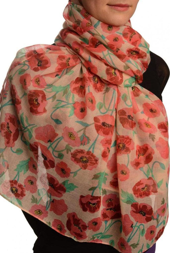 Liss Kiss Poppy Flowers On Peach Unisex Scarf & Beach Sarong - Scarf