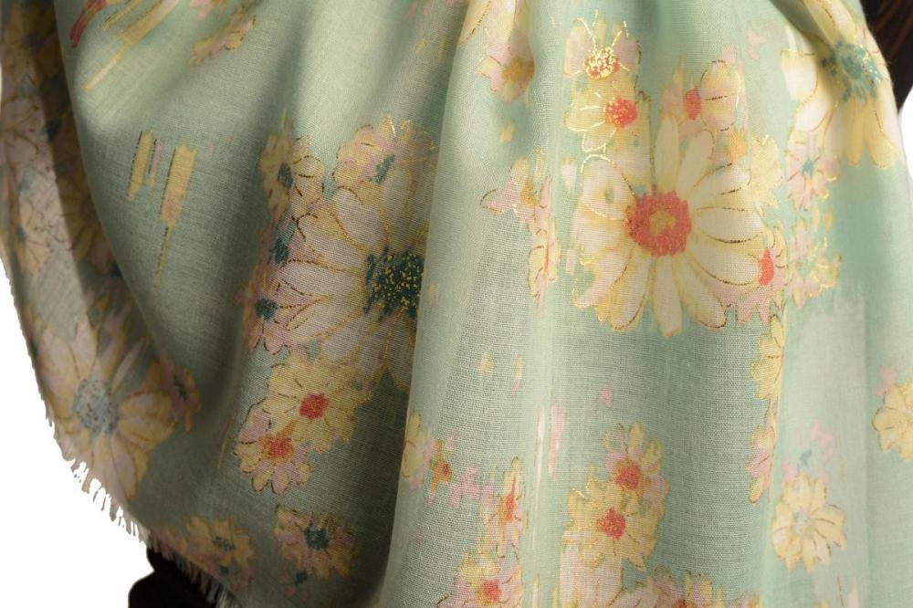 Liss Kiss Powder Blue With Gold Trim Daisies Scarf - Scarf