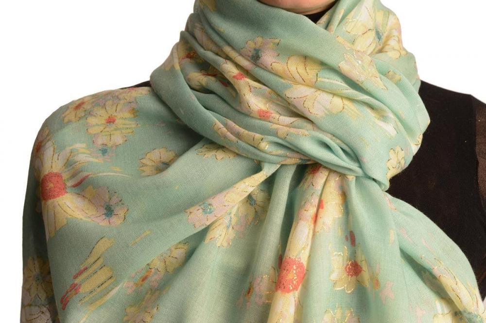 Liss Kiss Powder Blue With Gold Trim Daisies Scarf - Scarf