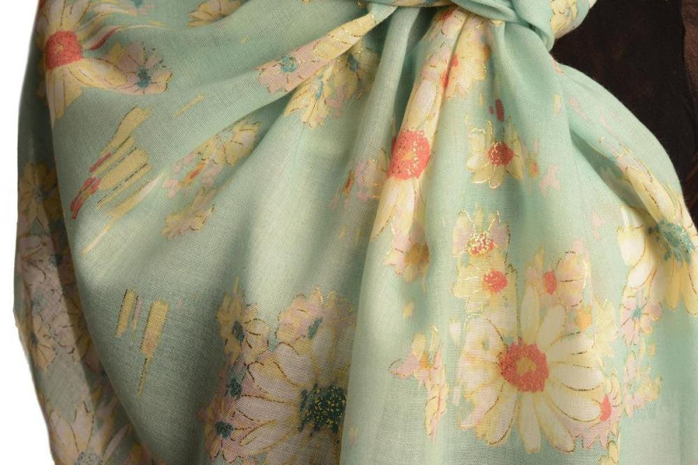 Liss Kiss Powder Blue With Gold Trim Daisies Scarf - Scarf
