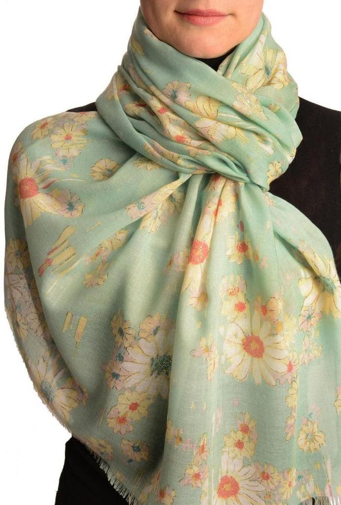 liss kiss Powder Blue With Gold Trim Daisies Scarf - Scarf