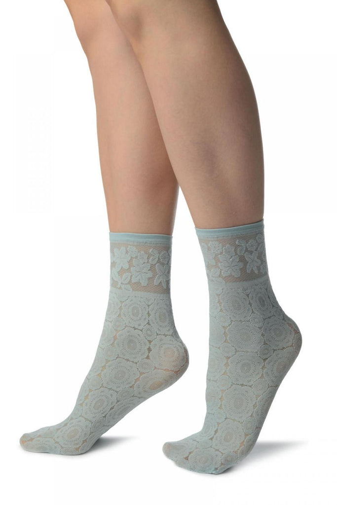 Liss Kiss Powder Blue With Large Lace Flowers Ankle High Socks - Socks