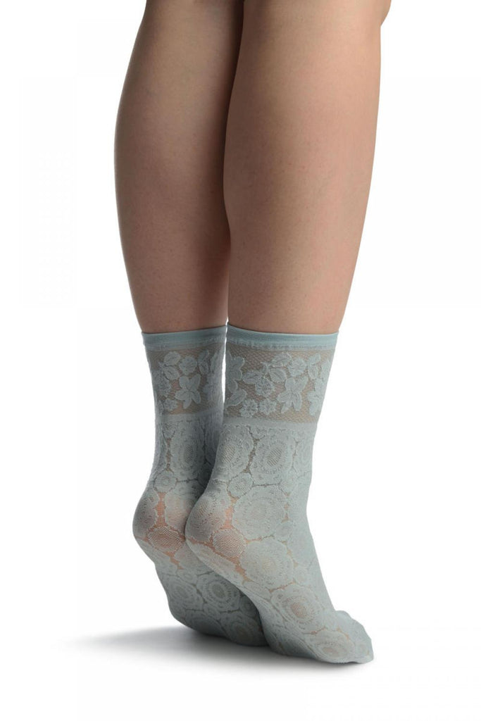 Liss Kiss Powder Blue With Large Lace Flowers Ankle High Socks - Socks