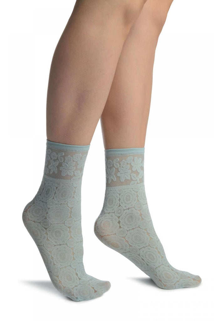 liss kiss Powder Blue With Large Lace Flowers Ankle High Socks - Socks