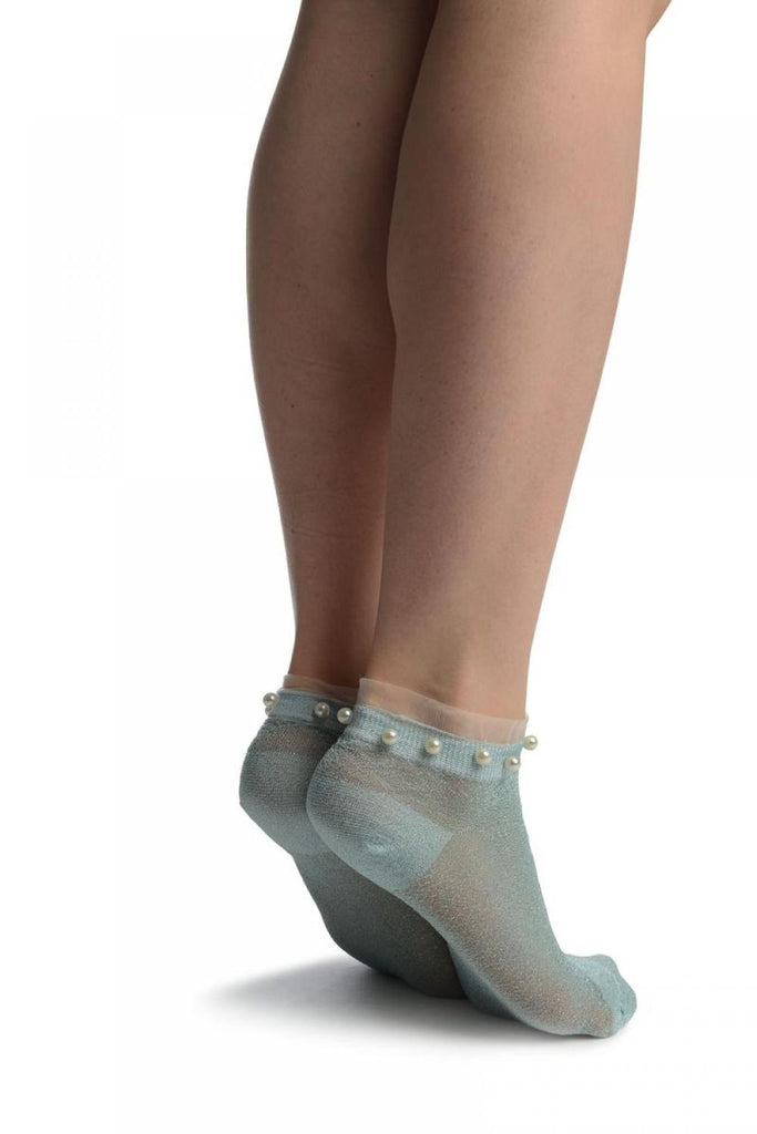Liss Kiss Powder Blue With Lurex Pearls & Frills Top Footsies Socks - Footsies Socks
