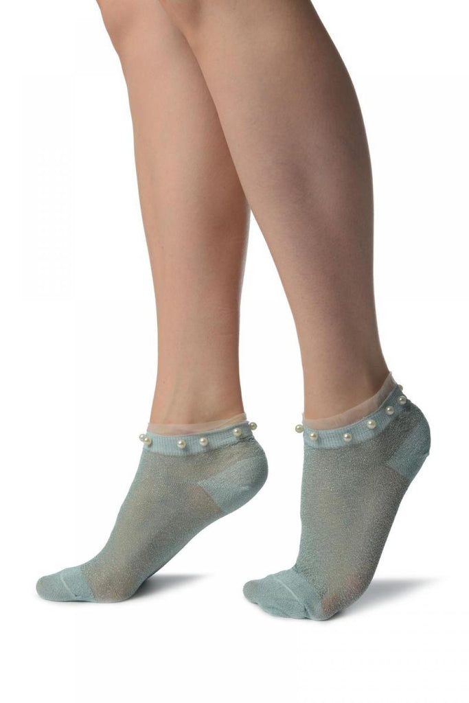 Liss Kiss Powder Blue With Lurex Pearls & Frills Top Footsies Socks - Footsies Socks