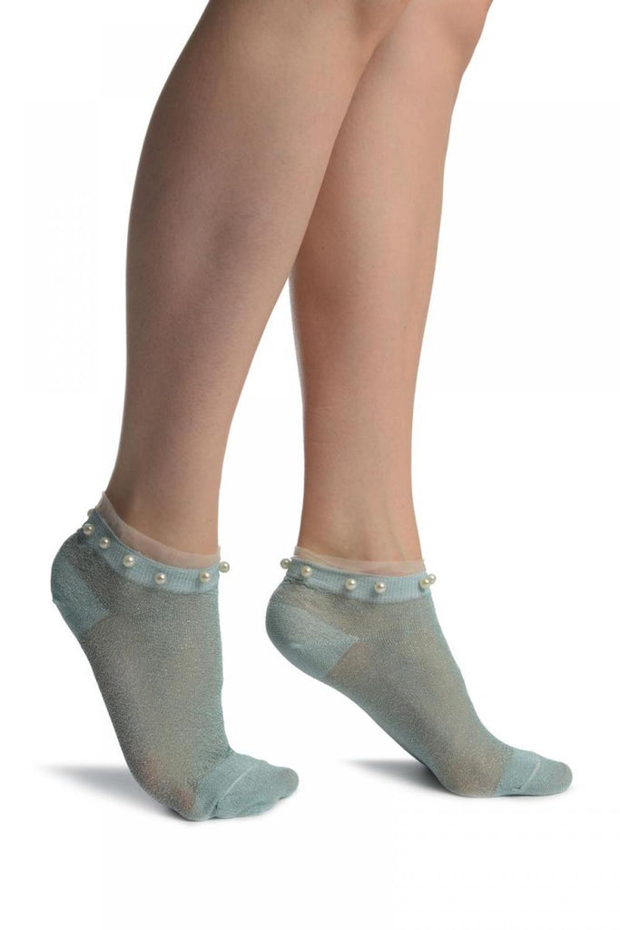 liss kiss Powder Blue With Lurex Pearls & Frills Top Footsies Socks - Footsies Socks