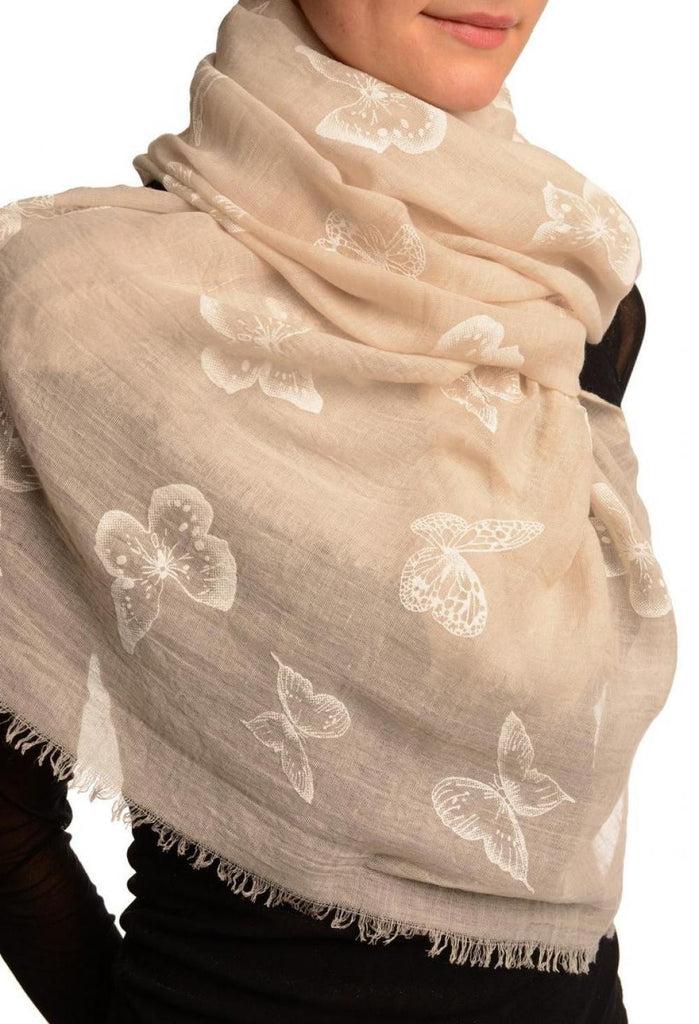 Liss Kiss Printed Butterflies On Beige Unisex Scarf - Scarf