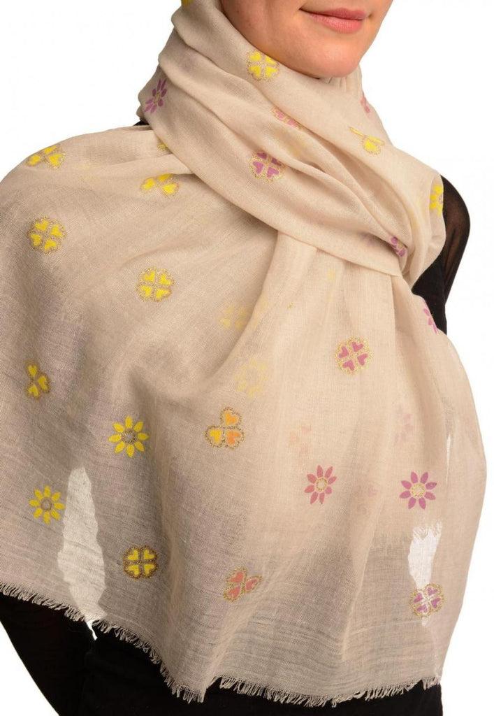 Liss Kiss Printed Clover With Gold Lurex On Beige Unisex Scarf - Scarf