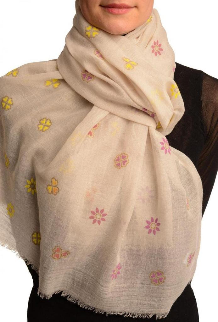 liss kiss Printed Clover With Gold Lurex On Beige Unisex Scarf - Scarf