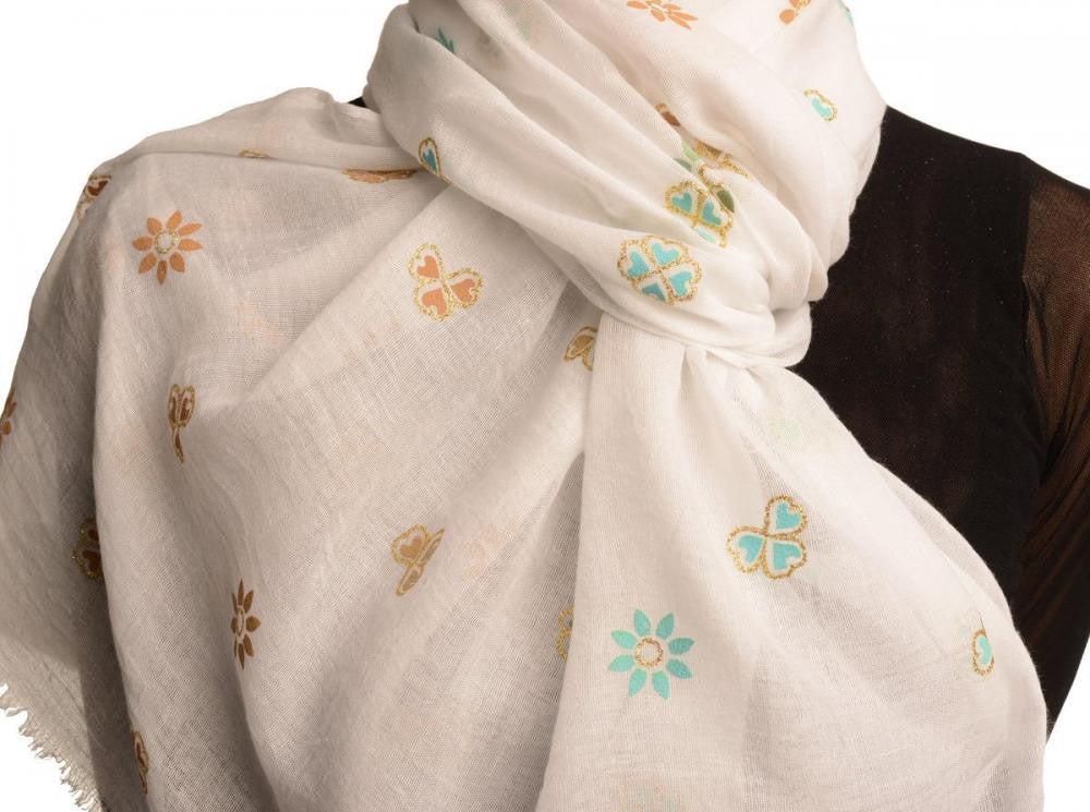 Liss Kiss Printed Clover With Gold Lurex On White Unisex Scarf - Scarf