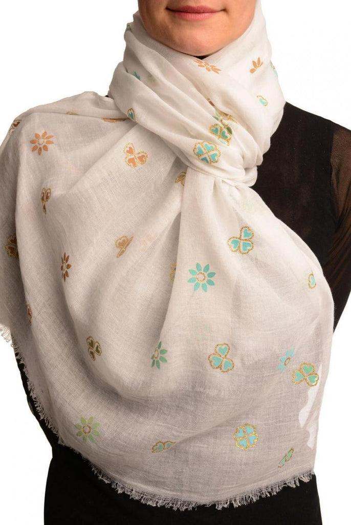 liss kiss Printed Clover With Gold Lurex On White Unisex Scarf - Scarf